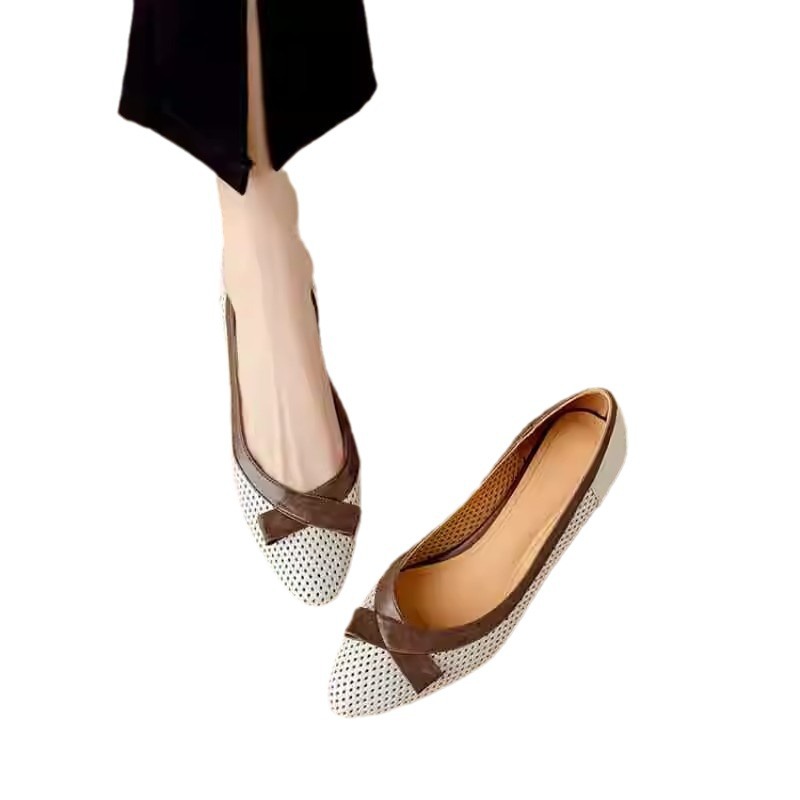 Summer pointed-toe single shoes for women with shallow mouth flat bow fairy style simple soft leather bean dou scoop shoes - Image 5