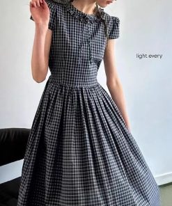 Summer Symphony' retro plaid decorative earrings micropuff sleeves high waist big skirt dress for women