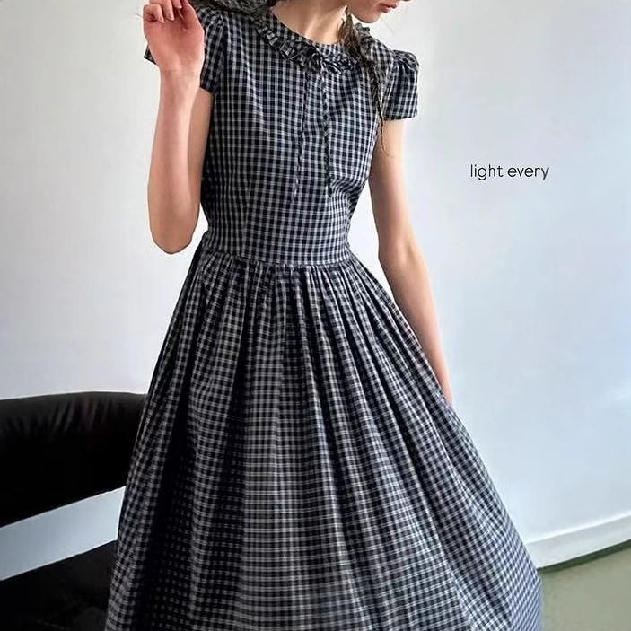 Summer Symphony' retro plaid decorative earrings micropuff sleeves high waist big skirt dress for women