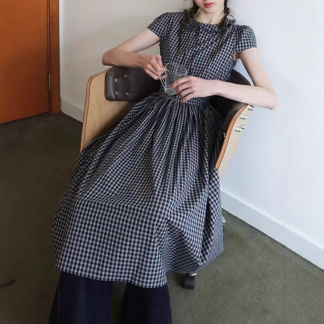 Summer Symphony' retro plaid decorative earrings micropuff sleeves high waist big skirt dress for women - Image 3
