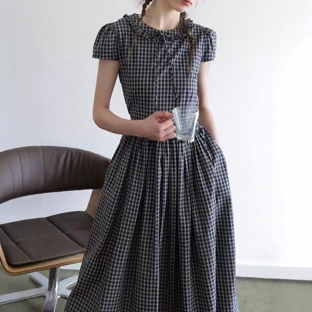 Summer Symphony' retro plaid decorative earrings micropuff sleeves high waist big skirt dress for women - Image 5