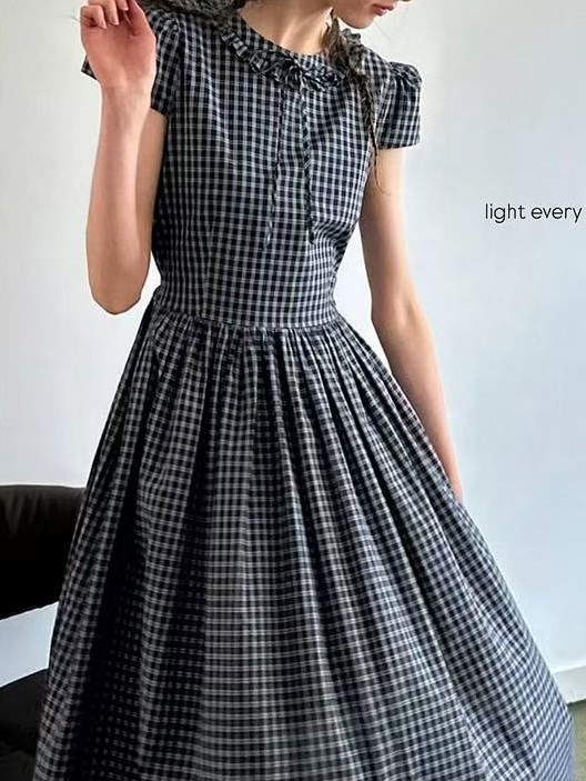 Summer Symphony' retro plaid decorative earrings micropuff sleeves high waist big skirt dress for women - Image 7