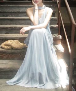 High-end style vacation style tulle neck halter dress for women's summer vest long skirt