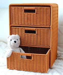 Imitation rattan bedside storage cabinet three-layer floor-standing storage rack living room dining side cabinet storage cabinet storage cabinet bedside storage box