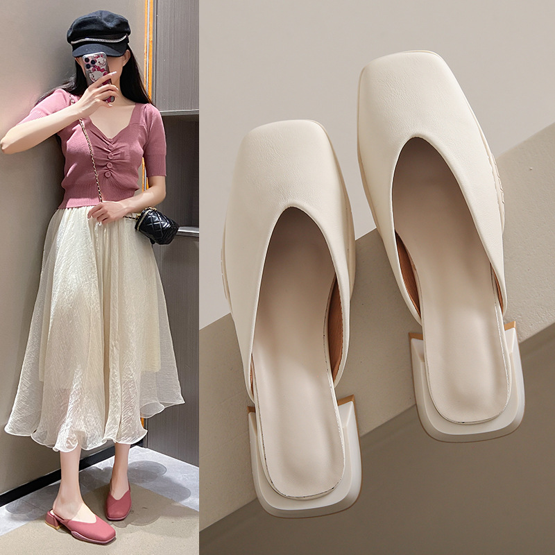 Baotou half slippers for women wearing spring and summer soft leather muller women's shoes mid-heel thick heel single shoes sandals - Image 2