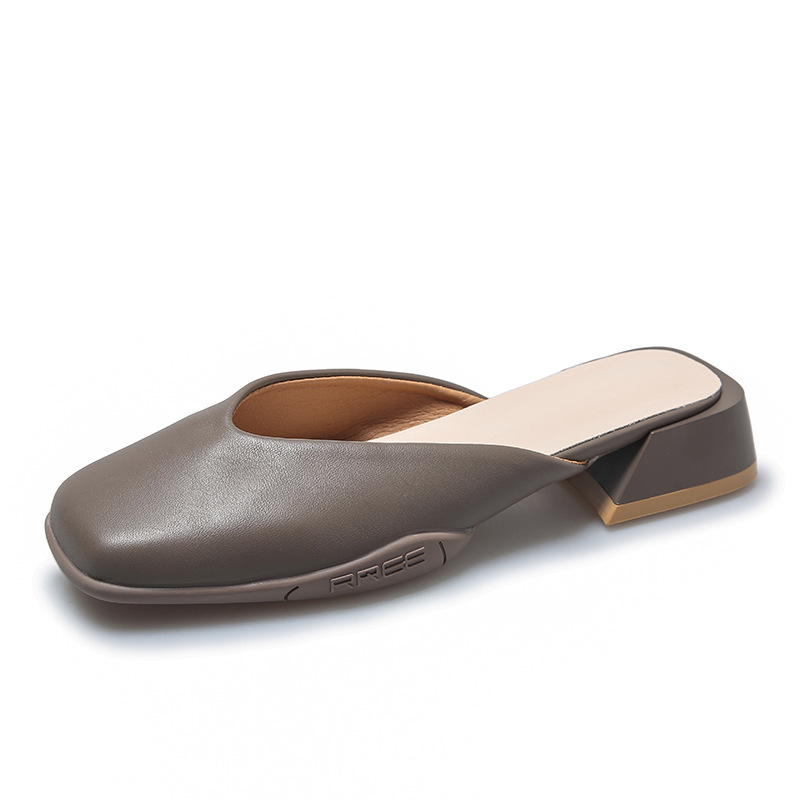 Baotou half slippers for women wearing spring and summer soft leather muller women's shoes mid-heel thick heel single shoes sandals - Image 13