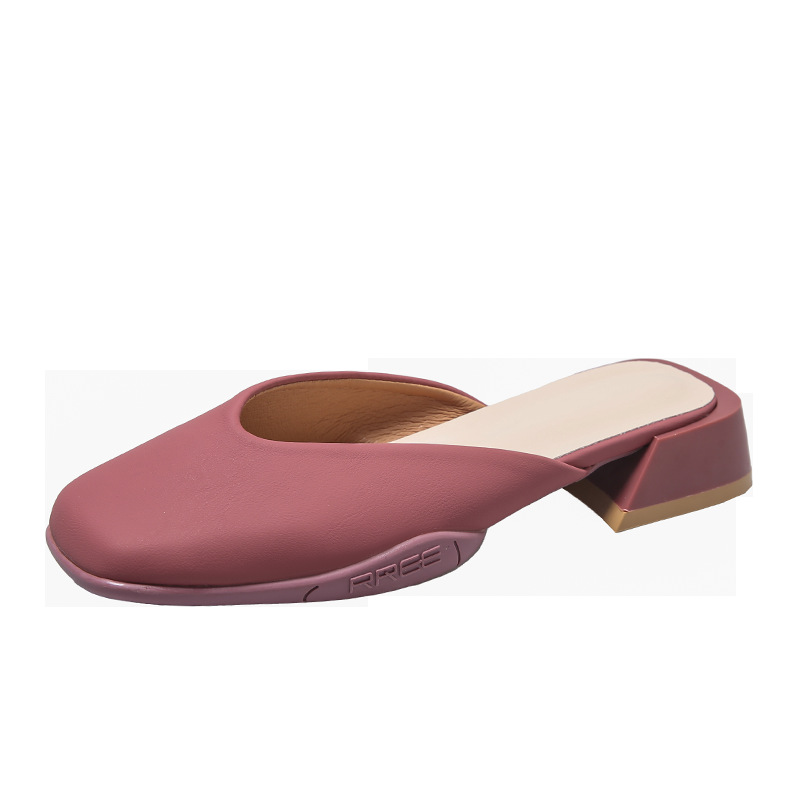 Baotou half slippers for women wearing spring and summer soft leather muller women's shoes mid-heel thick heel single shoes sandals - Image 5