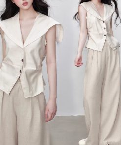 Yuzhi Gao Zhigan Navy neck vest waistband to make you look slim and old-fashioned style sleeveless top in summer