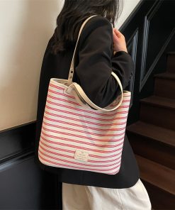 Simple underarm canvas bag, large capacity striped tote bag, fashionable, lazy and versatile travel shoulder bag