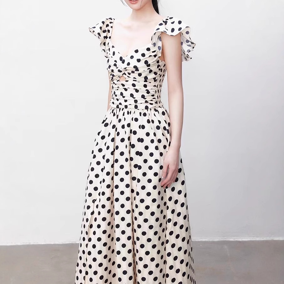 Yuzhi high-end polka dot dress summer pleated waist-hugging long skirt to make you look slim and elegant