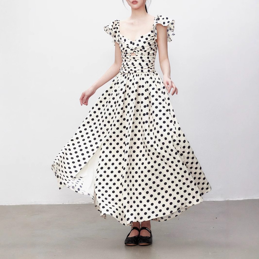 Yuzhi high-end polka dot dress summer pleated waist-hugging long skirt to make you look slim and elegant - Image 3