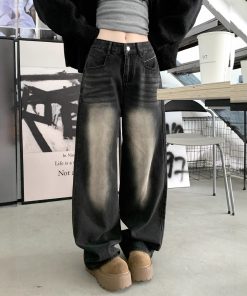 Real-life spring embroidery washing charcoal black jeans high waist slimming wide-leg pants for women