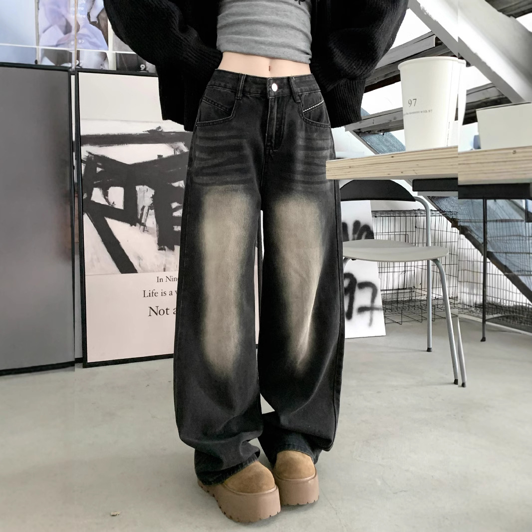 Real-life spring embroidery washing charcoal black jeans high waist slimming wide-leg pants for women