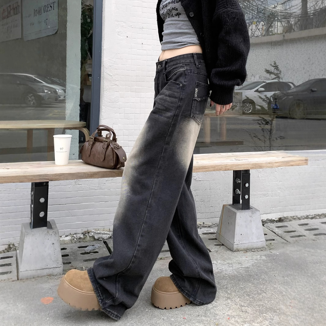 Real-life spring embroidery washing charcoal black jeans high waist slimming wide-leg pants for women - Image 2