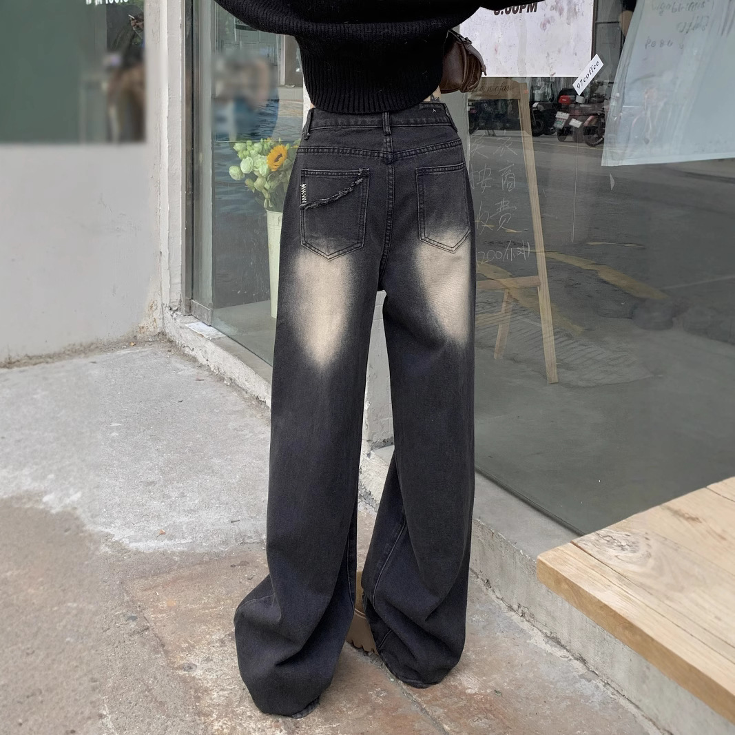 Real-life spring embroidery washing charcoal black jeans high waist slimming wide-leg pants for women - Image 3