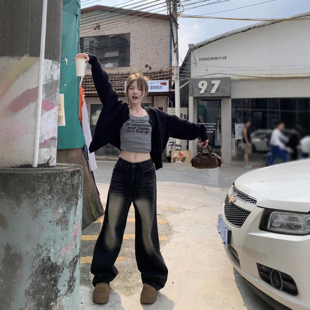 Real-life spring embroidery washing charcoal black jeans high waist slimming wide-leg pants for women - Image 4