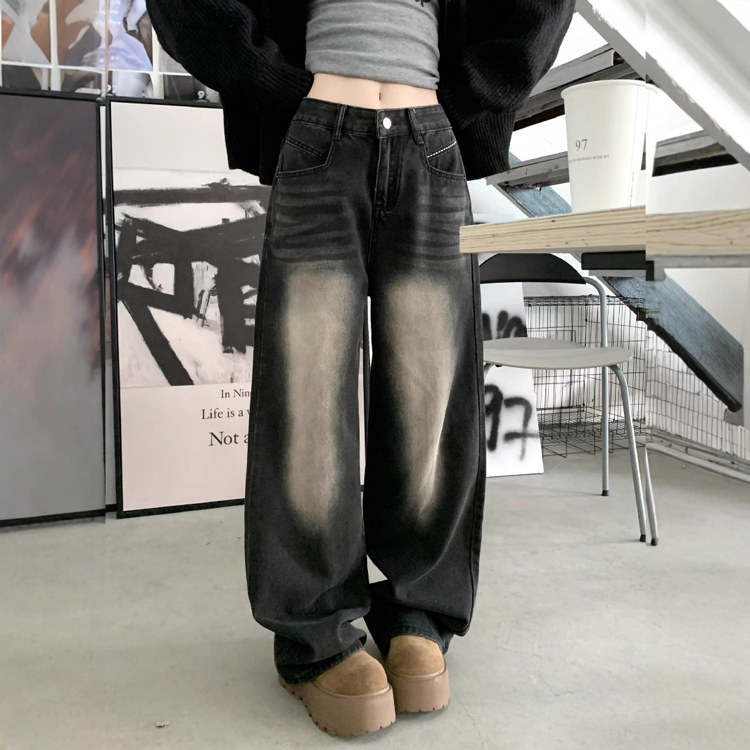 Real-life spring embroidery washing charcoal black jeans high waist slimming wide-leg pants for women - Image 5