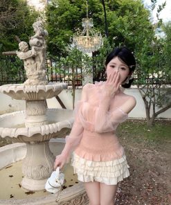 Real photos of cherry blossom sasako~ mesh saoka one-shoulder base shirt sweet lace slim base shirt for women