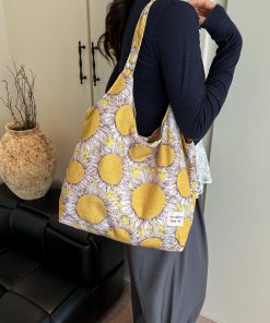 Dopamine large capacity shoulder bag retro ethnic style collage contrast shopping bag niche tote bag women's bag