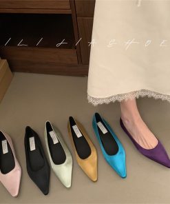 French style satin pointed toe single shoes for women in summer light mouth high-end fairy gentle soft sole grandma shoes