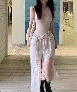 Temperament slim pleated pleated edge irregular knitted long stretch suspender dress for women