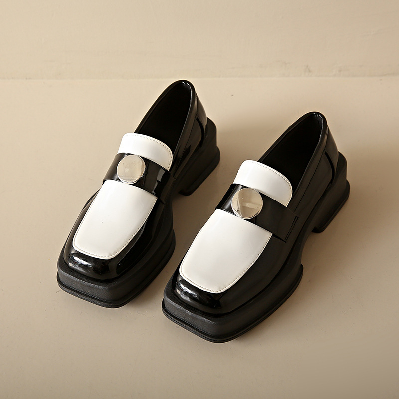 Thick-soled black square-toe British style small leather shoes for women's spring and autumn simple single shoes - Image 2