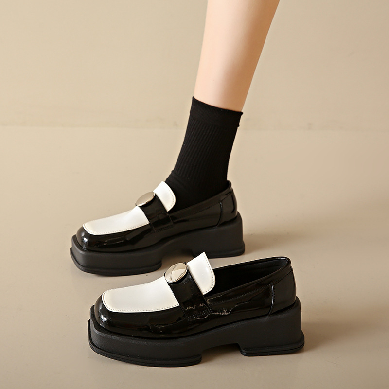 Thick-soled black square-toe British style small leather shoes for women's spring and autumn simple single shoes - Image 3