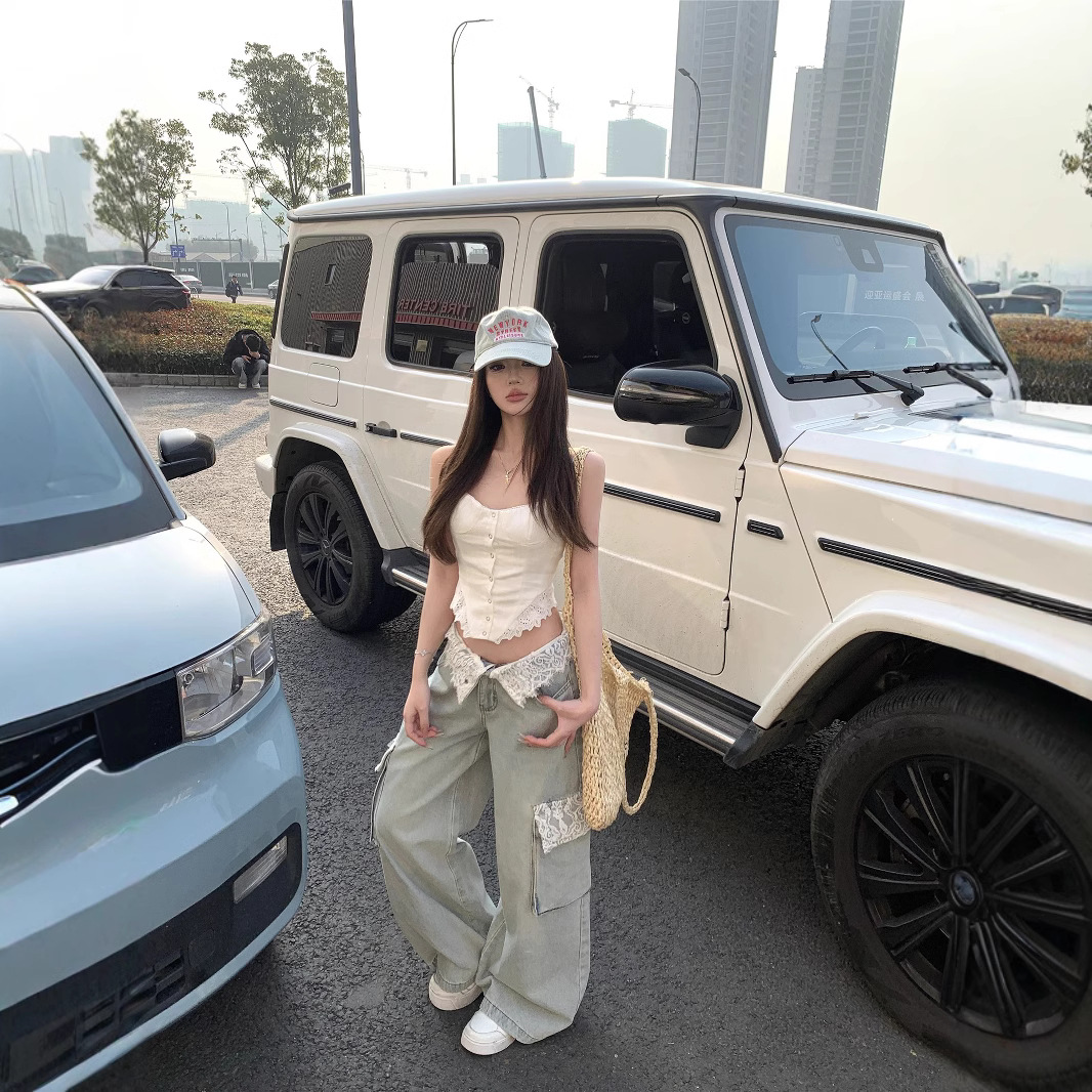 Real-life photos and real-price! Lace spliced design-sensory jeans for women in spring and summer loose wide-leg lazy trousers - Image 2