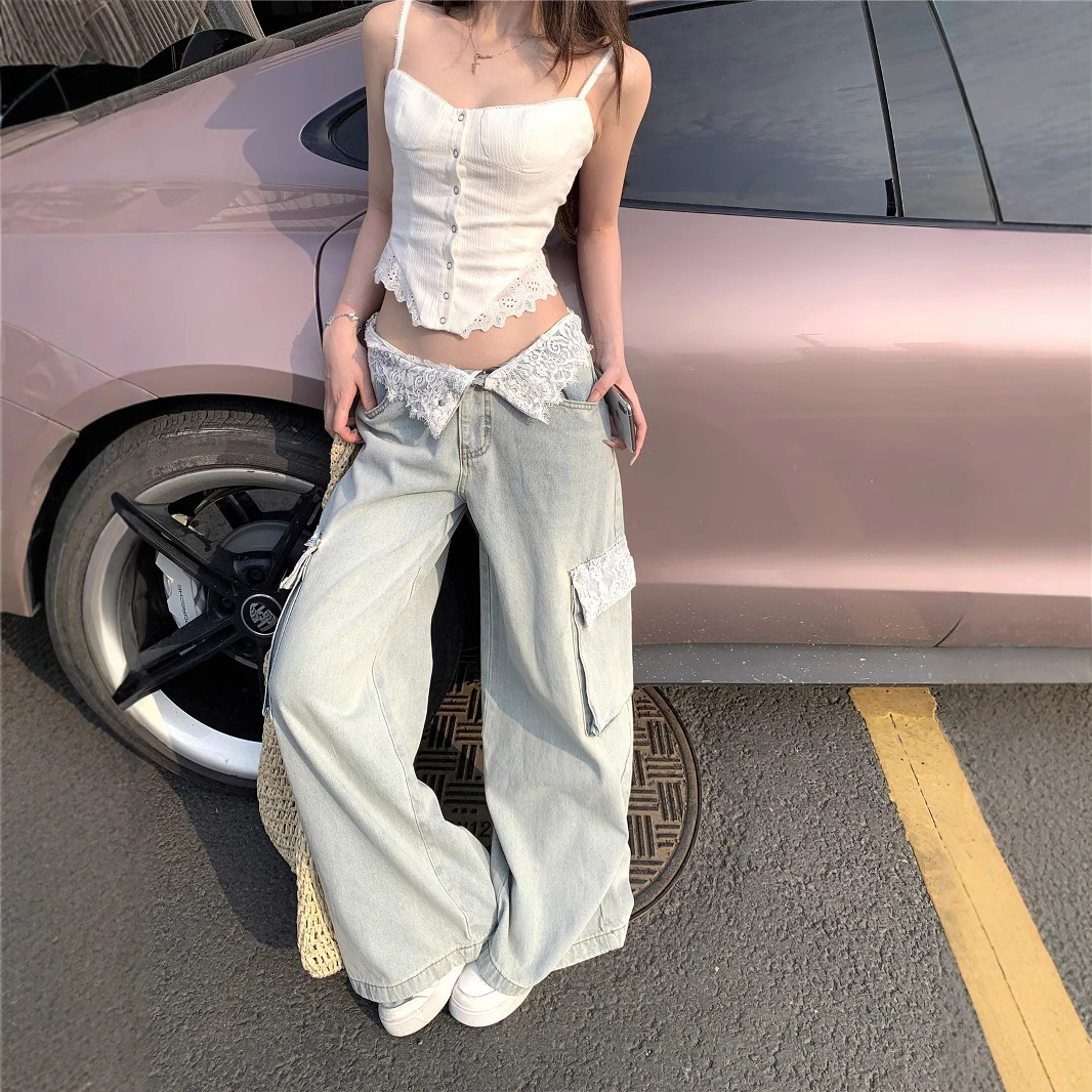 Real-life photos and real-price! Lace spliced design-sensory jeans for women in spring and summer loose wide-leg lazy trousers - Image 3