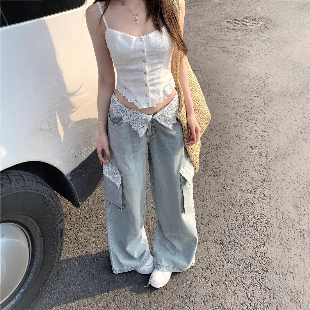 Real-life photos and real-price! Lace spliced design-sensory jeans for women in spring and summer loose wide-leg lazy trousers - Image 4