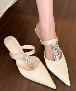 French elegant slim heeled half-slippers for women in summer wear pointed high heel sandals with one-length rhinestone sandals for women