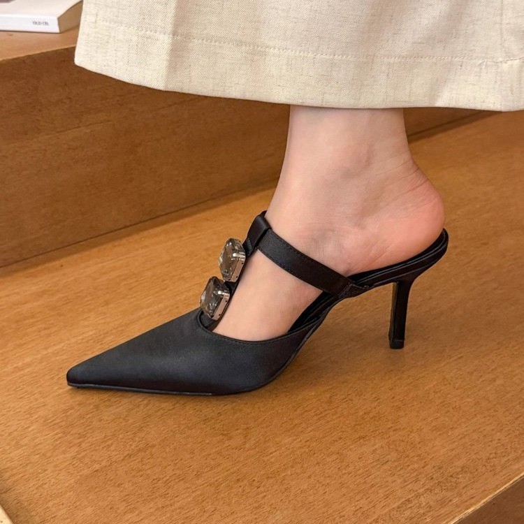 French elegant slim heeled half-slippers for women in summer wear pointed high heel sandals with one-length rhinestone sandals for women - Image 2