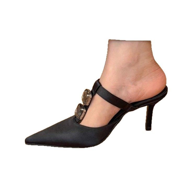 French elegant slim heeled half-slippers for women in summer wear pointed high heel sandals with one-length rhinestone sandals for women - Image 5