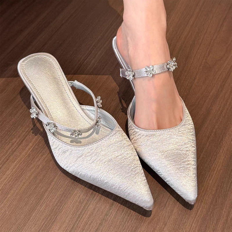 Gentle bagged half slippers for women in summer evening shoes thin heel pointed toe rhinestone satin style simple mules - Image 2