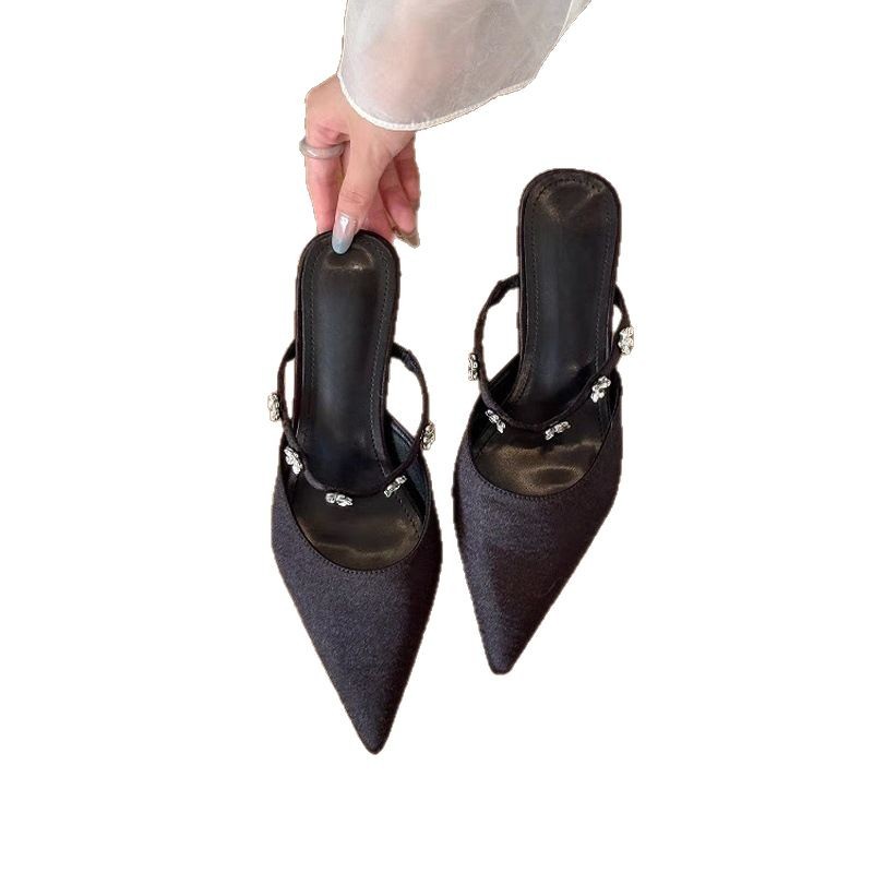 Gentle bagged half slippers for women in summer evening shoes thin heel pointed toe rhinestone satin style simple mules - Image 5