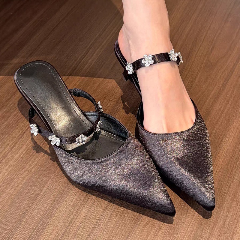 Gentle bagged half slippers for women in summer evening shoes thin heel pointed toe rhinestone satin style simple mules - Image 7