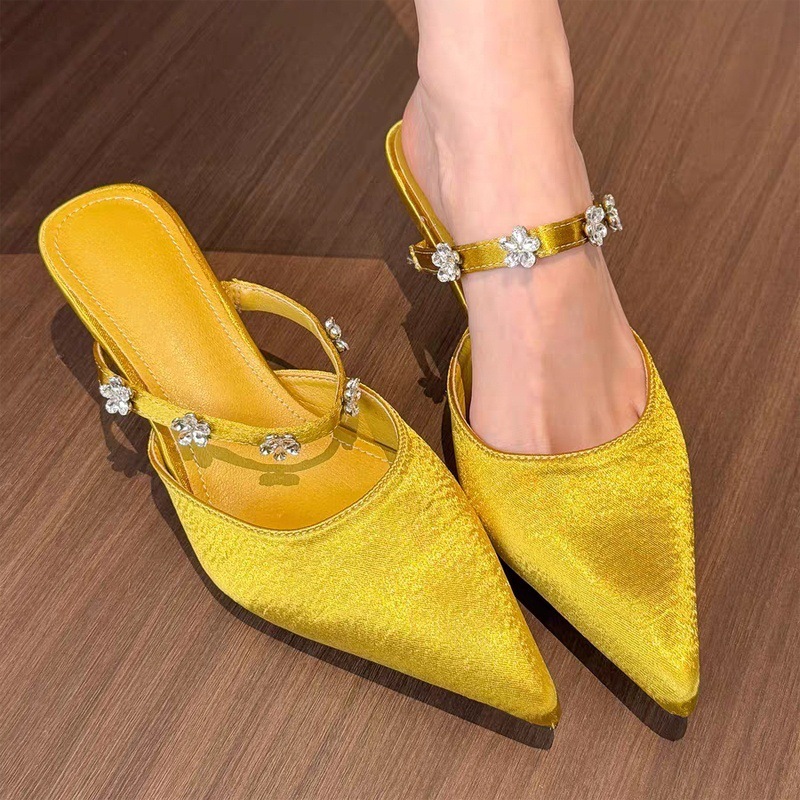 Gentle bagged half slippers for women in summer evening shoes thin heel pointed toe rhinestone satin style simple mules - Image 8