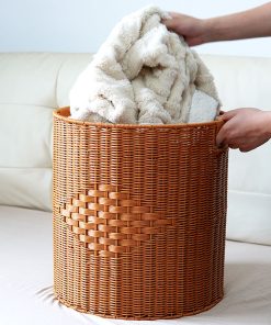 Imitation rattan woven round storage bucket with lid living room toys storage basket bedroom clothes storage basket dirty laundry basket