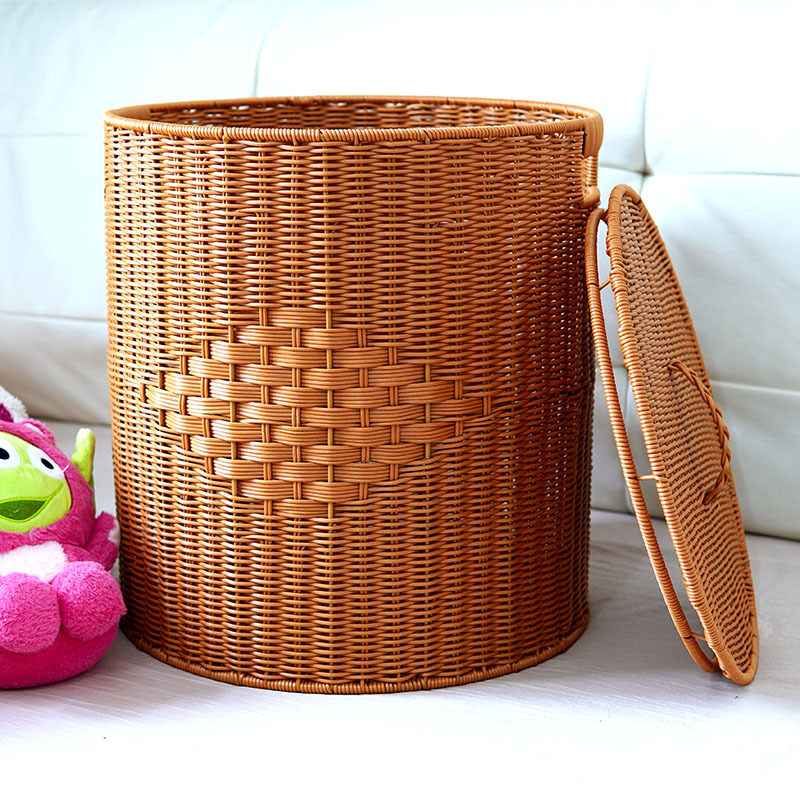 Imitation rattan woven round storage bucket with lid living room toys storage basket bedroom clothes storage basket dirty laundry basket - Image 2