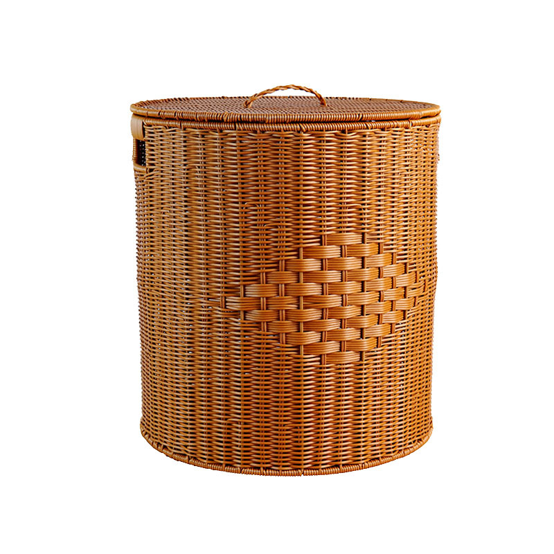 Imitation rattan woven round storage bucket with lid living room toys storage basket bedroom clothes storage basket dirty laundry basket - Image 3