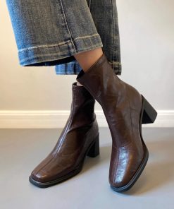 Square toe thick heel simple heightened Chelsea short boots for women middle heel commuting fashionable short martin boots