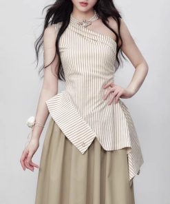 Yuzhi temperament striped off-shoulder top summer high-end irregular hem design off-shoulder shirt