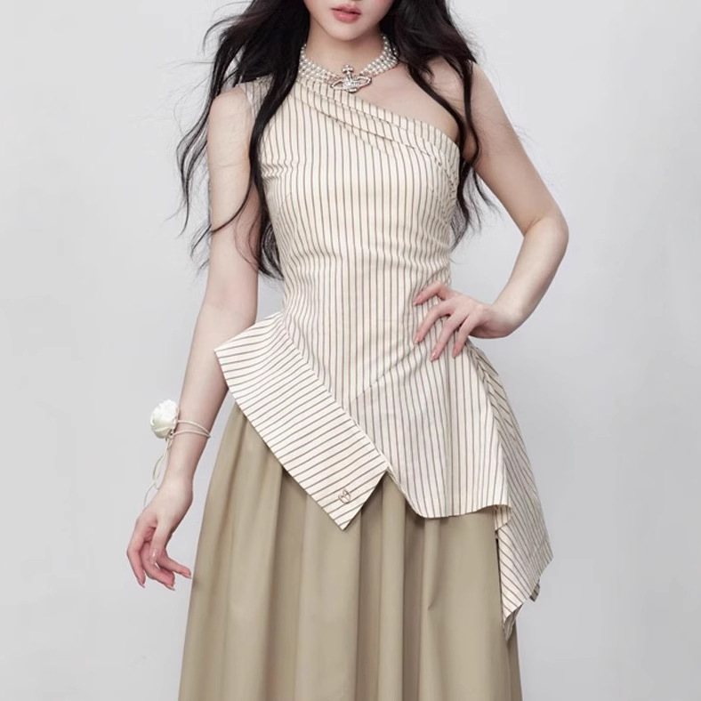 Yuzhi temperament striped off-shoulder top summer high-end irregular hem design off-shoulder shirt
