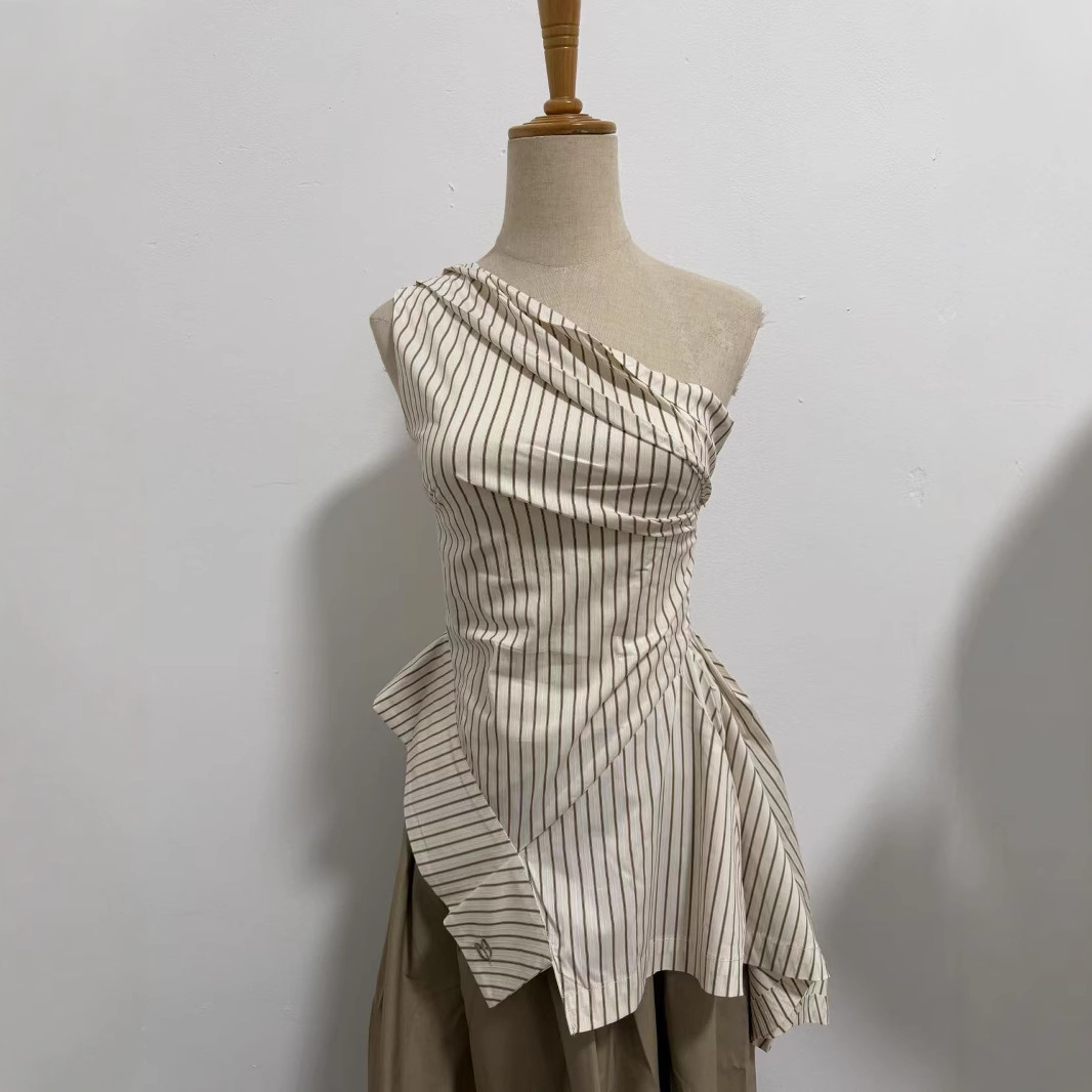 Yuzhi temperament striped off-shoulder top summer high-end irregular hem design off-shoulder shirt - Image 2