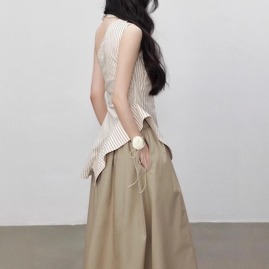 Yuzhi temperament striped off-shoulder top summer high-end irregular hem design off-shoulder shirt - Image 3