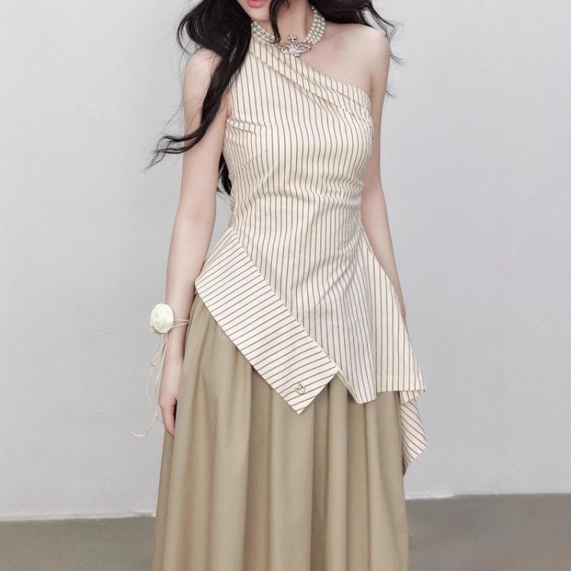 Yuzhi temperament striped off-shoulder top summer high-end irregular hem design off-shoulder shirt - Image 5