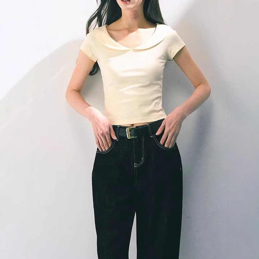 Short-sleeved women's shirt for women in summer waist-hugging and slimming knitted versatile solid color top - Image 2