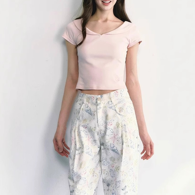 Short-sleeved women's shirt for women in summer waist-hugging and slimming knitted versatile solid color top - Image 3