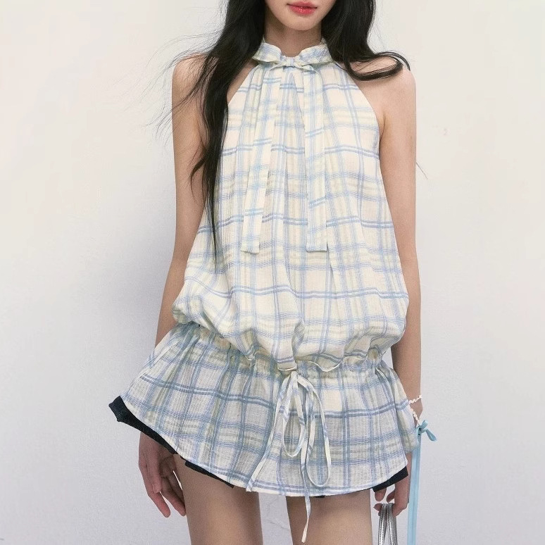 Plaid neck halter dress for women sleeveless high-end French vest skirt summer
