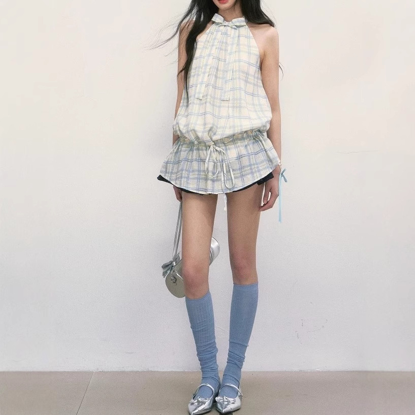 Plaid neck halter dress for women sleeveless high-end French vest skirt summer - Image 5